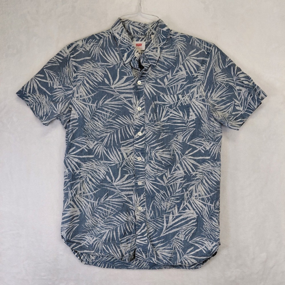 Levis Mens Small Blue White Tropical Palm Leaf Short‎ Sleeve Button Up Shirt